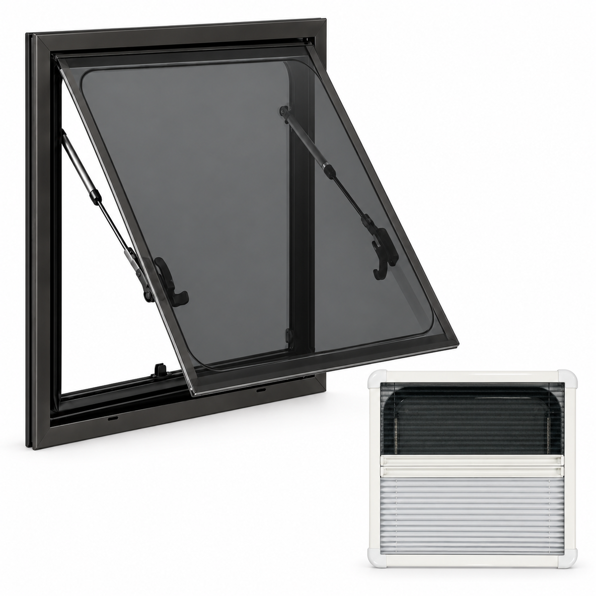 VanSquare square open window with interior blackout blind and mosquito net
