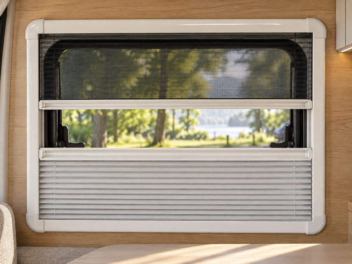 VanShade interior frame with integrated blackout blind and mosquito net in a campervan
