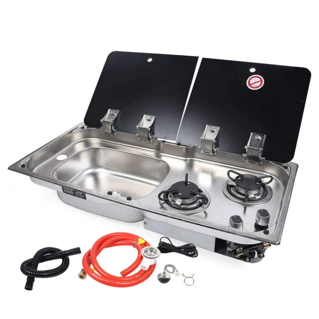 77 × 36 cm stainless steel sink and 2 gas burners unit, sink on the left, with hoses and fittings