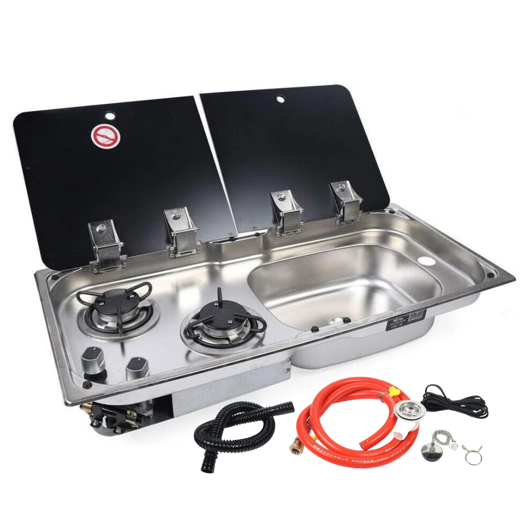 77 × 36 cm stainless steel sink and 2 gas burners unit, sink on the right, with hoses and fittings