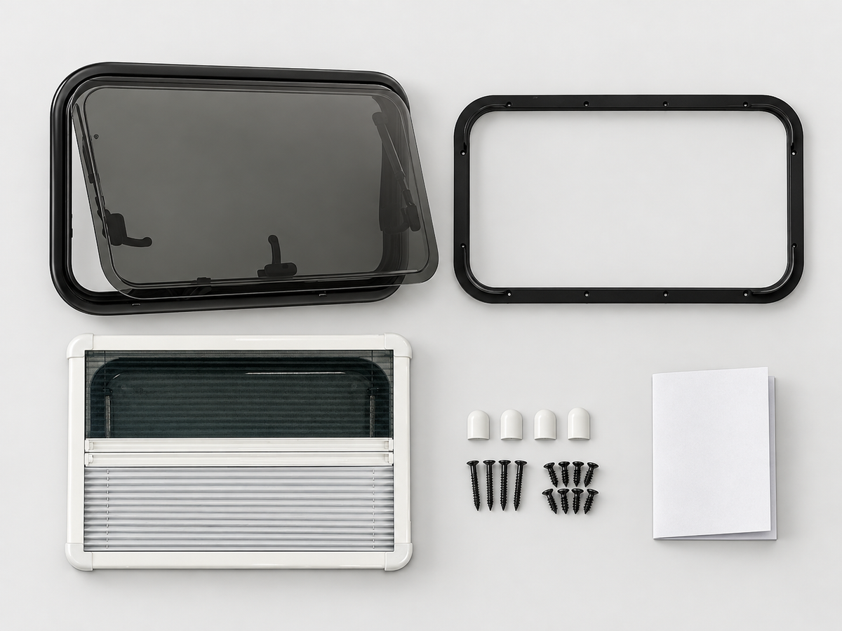 VanShade complete kit with push-out window, aluminium counter-frame, blind, mosquito net, screws and installation guide