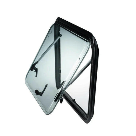 VanLight push window open, black aluminium frame, supplied without blind or mosquito net