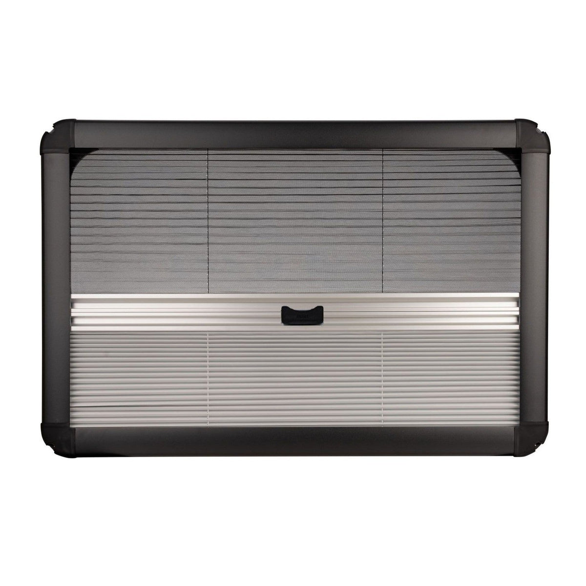 Black inner frame with pleated blackout blind and mosquito net for a campervan window