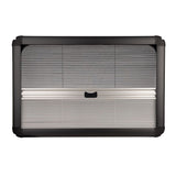 Black inner frame with pleated blackout blind and mosquito net for a campervan window