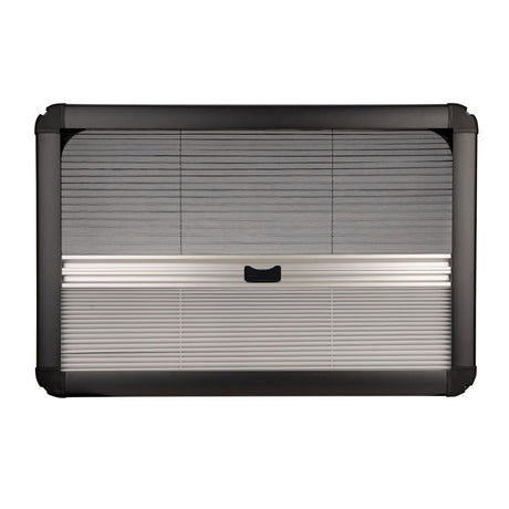 Black inner frame with pleated blackout blind and mosquito net for a campervan window