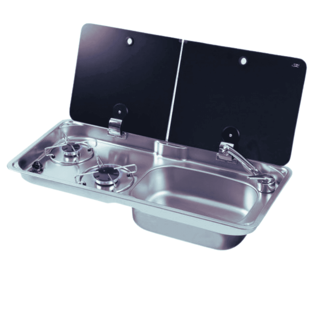 Combined Sink & 2 Gas Burners — Stainless / Tempered Glass — WxD 77x36 cm - EuroVan - shop