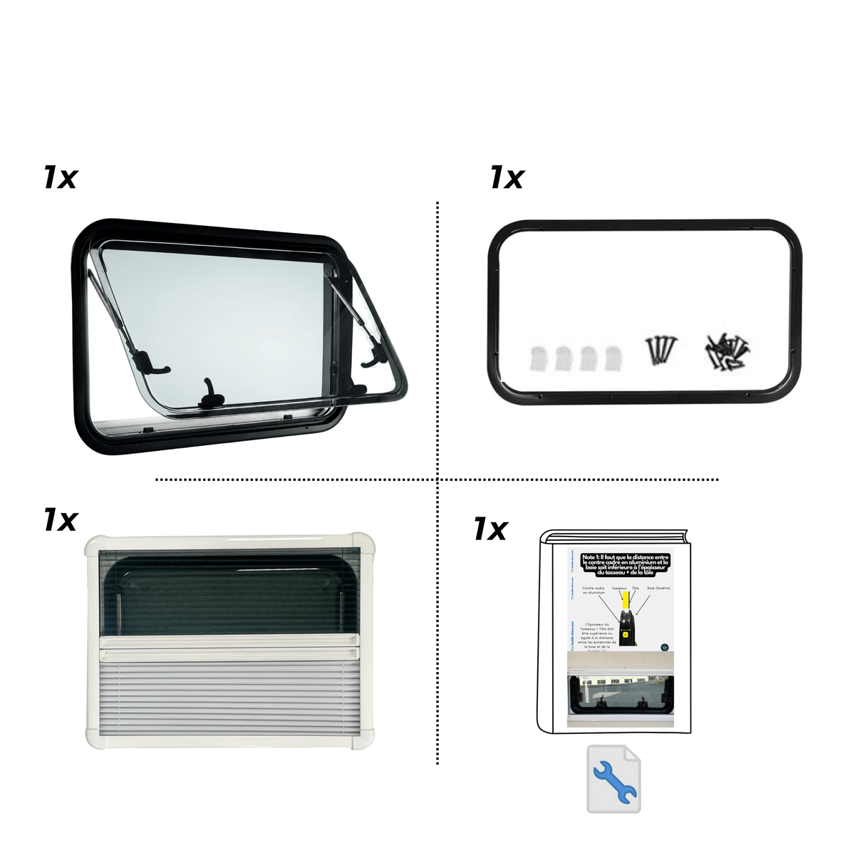 VanLight push window pack content: window, aluminium counter-frame with screws, interior frame with blackout blind and mosquito net, installation guide