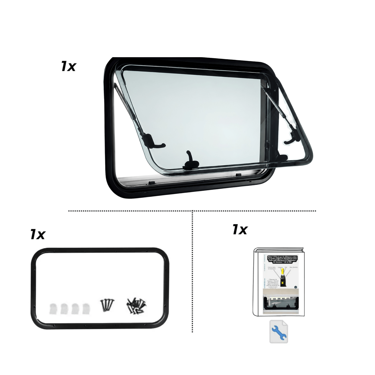 VanLight push window (window only) pack content: window, aluminium counter-frame with screws, installation guide