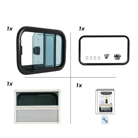 VanSlide+ sliding window pack content: window, aluminium counter-frame with screws, interior frame with blackout blind and mosquito net, installation guide