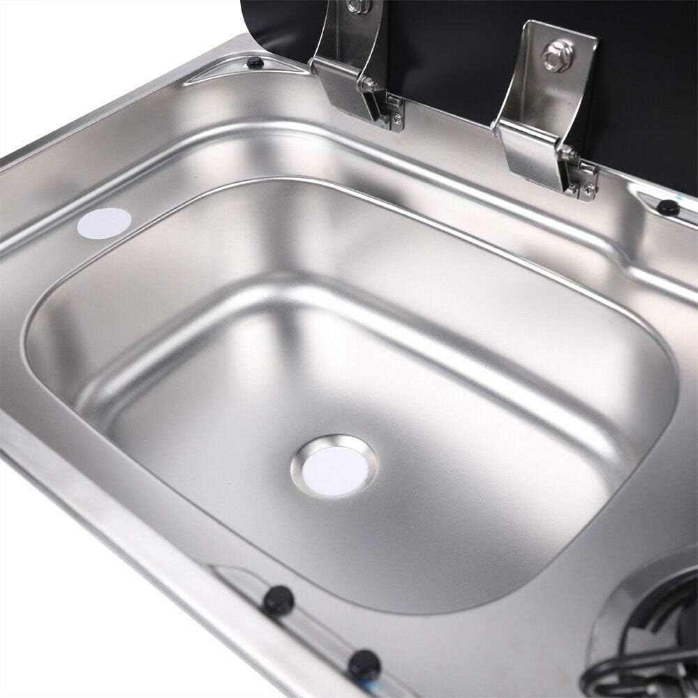 77 × 36 cm stainless steel sink and 2 gas burners unit, basin close-up