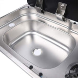 77 × 36 cm stainless steel sink and 2 gas burners unit, basin close-up