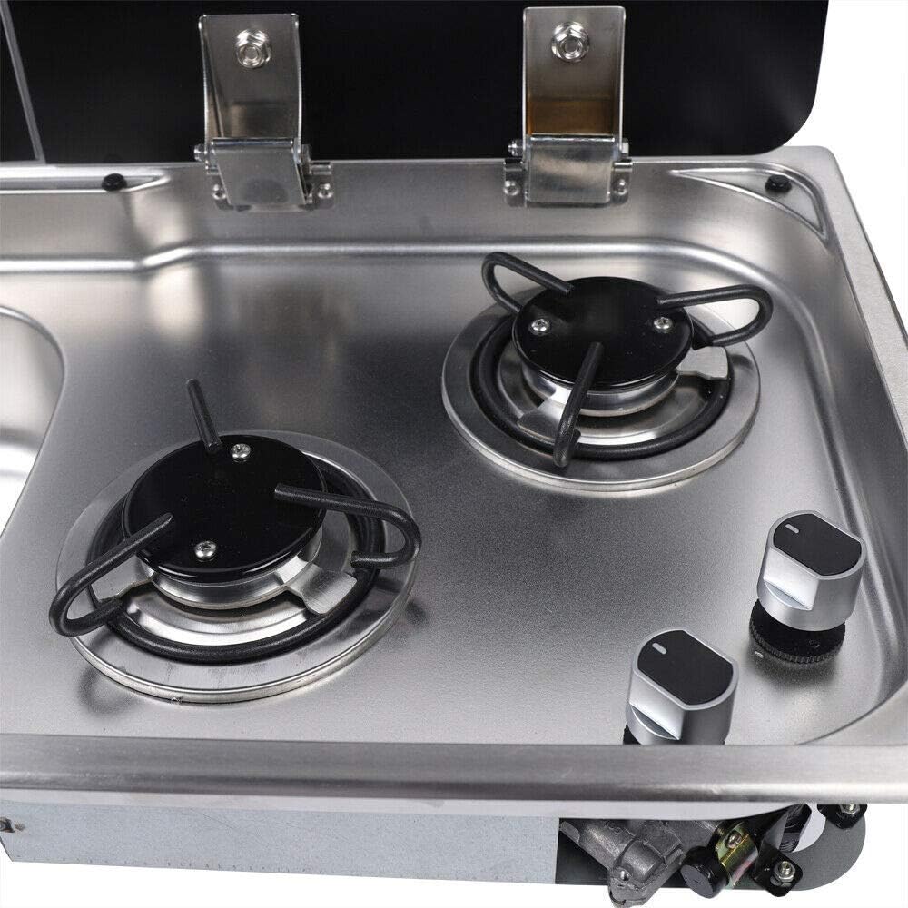 77 × 36 cm stainless steel sink and 2 gas burners unit, gas burners and knobs close-up