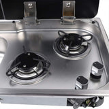 77 × 36 cm stainless steel sink and 2 gas burners unit, gas burners and knobs close-up