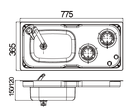 77 × 36 cm stainless steel sink and 2 gas burners unit, dimensions drawing: 775 × 365 mm