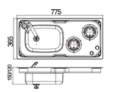 77 × 36 cm stainless steel sink and 2 gas burners unit, dimensions drawing: 775 × 365 mm