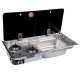 77 × 36 cm stainless steel sink and 2 gas burners unit, sink on the right, glass covers open