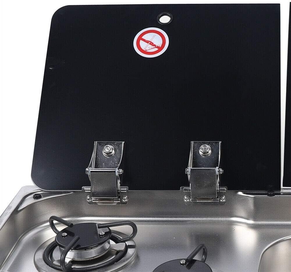 77 × 36 cm stainless steel sink and 2 gas burners unit, tempered glass cover and hinges