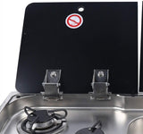 77 × 36 cm stainless steel sink and 2 gas burners unit, tempered glass cover and hinges