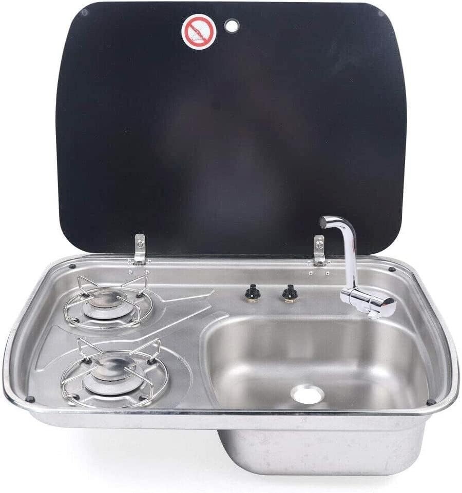 60 × 44 cm stainless steel sink and 2 gas burners unit, glass cover open