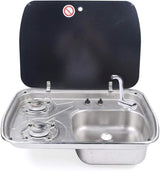 60 × 44 cm stainless steel sink and 2 gas burners unit, glass cover open