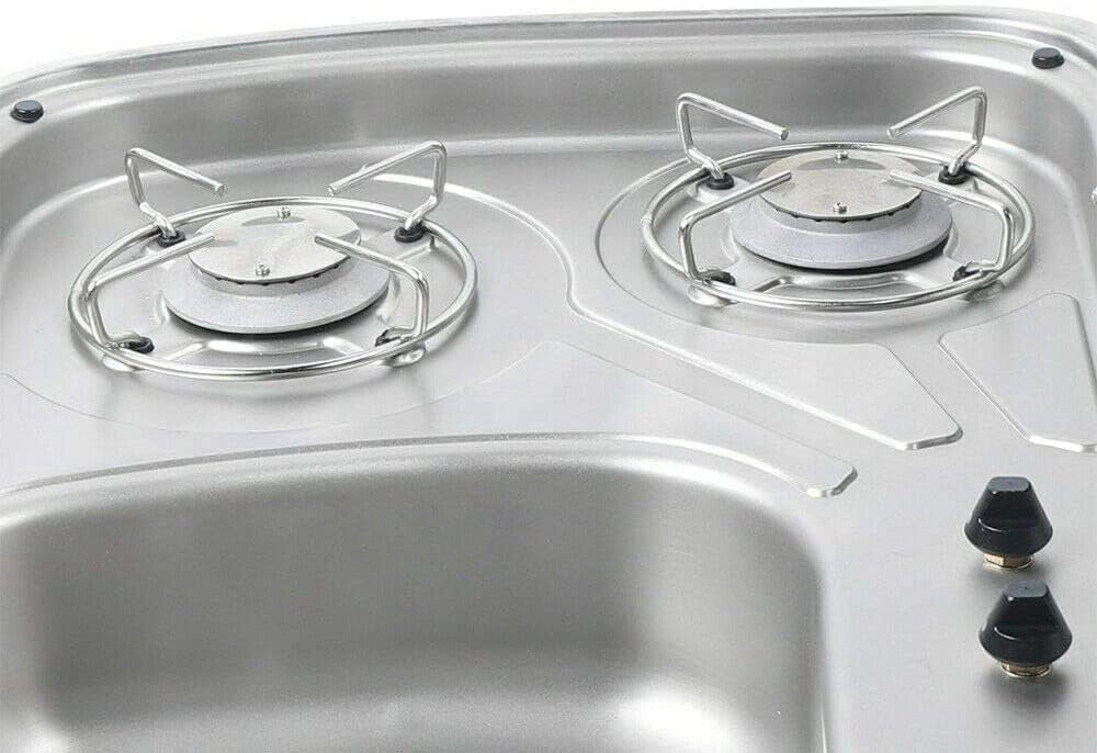 60 × 44 cm stainless steel sink and 2 gas burners unit, burners close-up