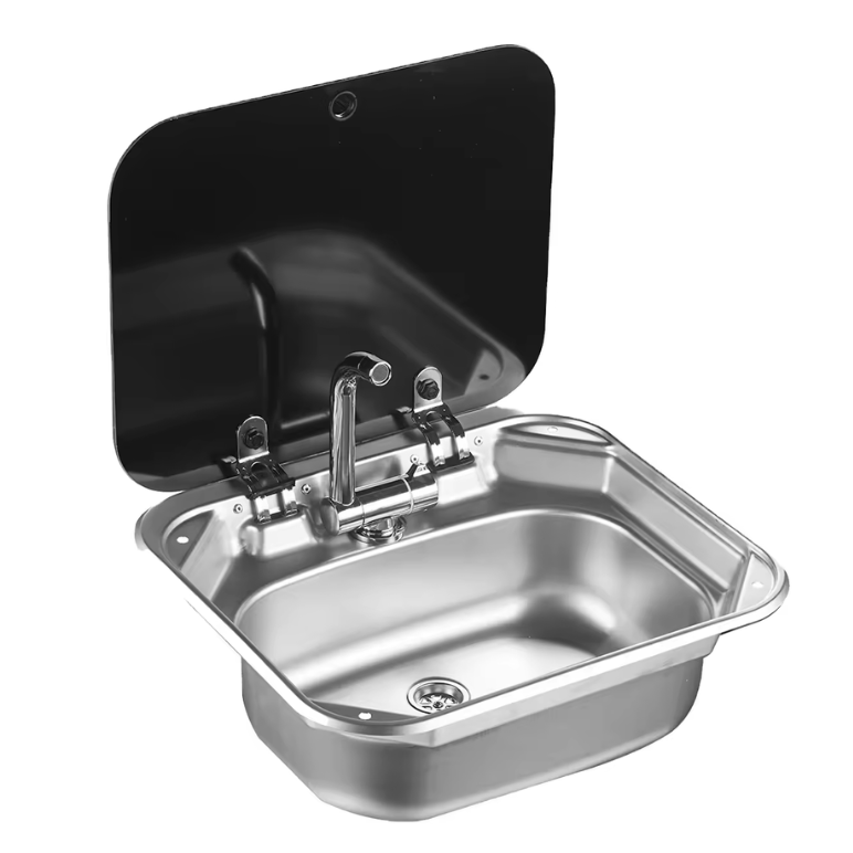 40 × 35 cm stainless steel sink with tap, front view