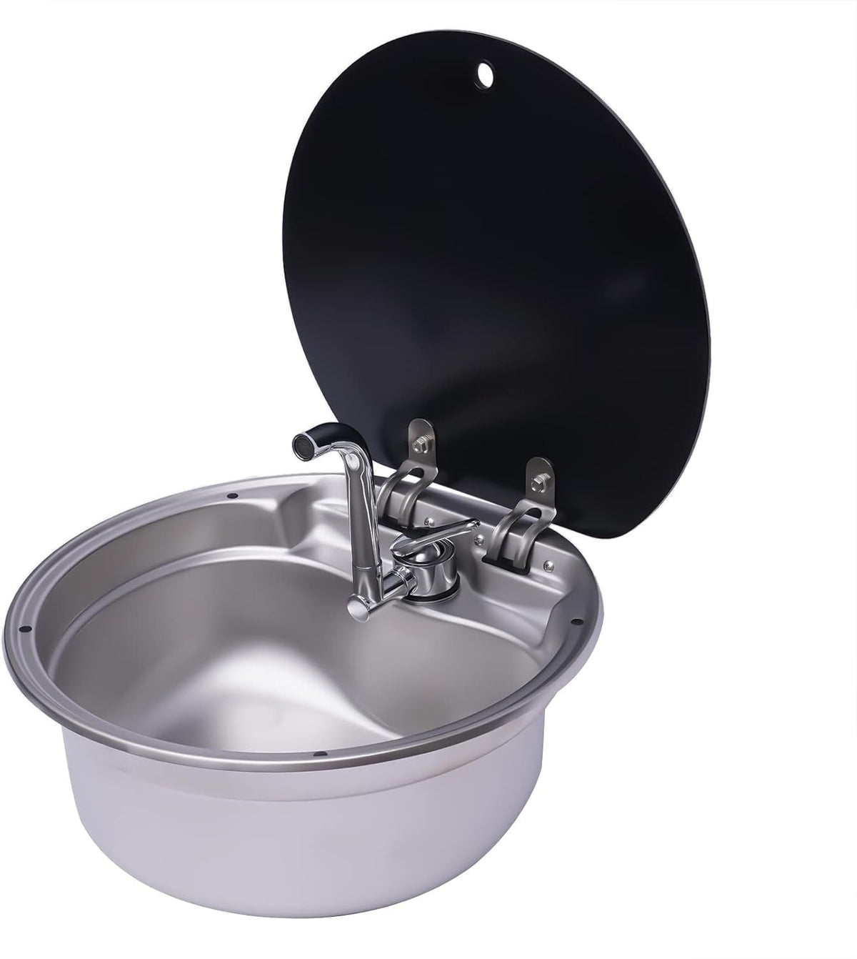 Round stainless steel sink Ø 42 cm with folding tap and tempered glass cover
