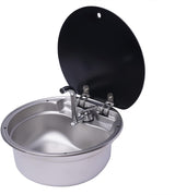 Round stainless steel sink Ø 42 cm with folding tap and tempered glass cover