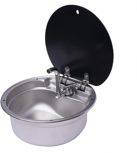 Round stainless steel sink Ø 42 cm with folding tap and tempered glass cover