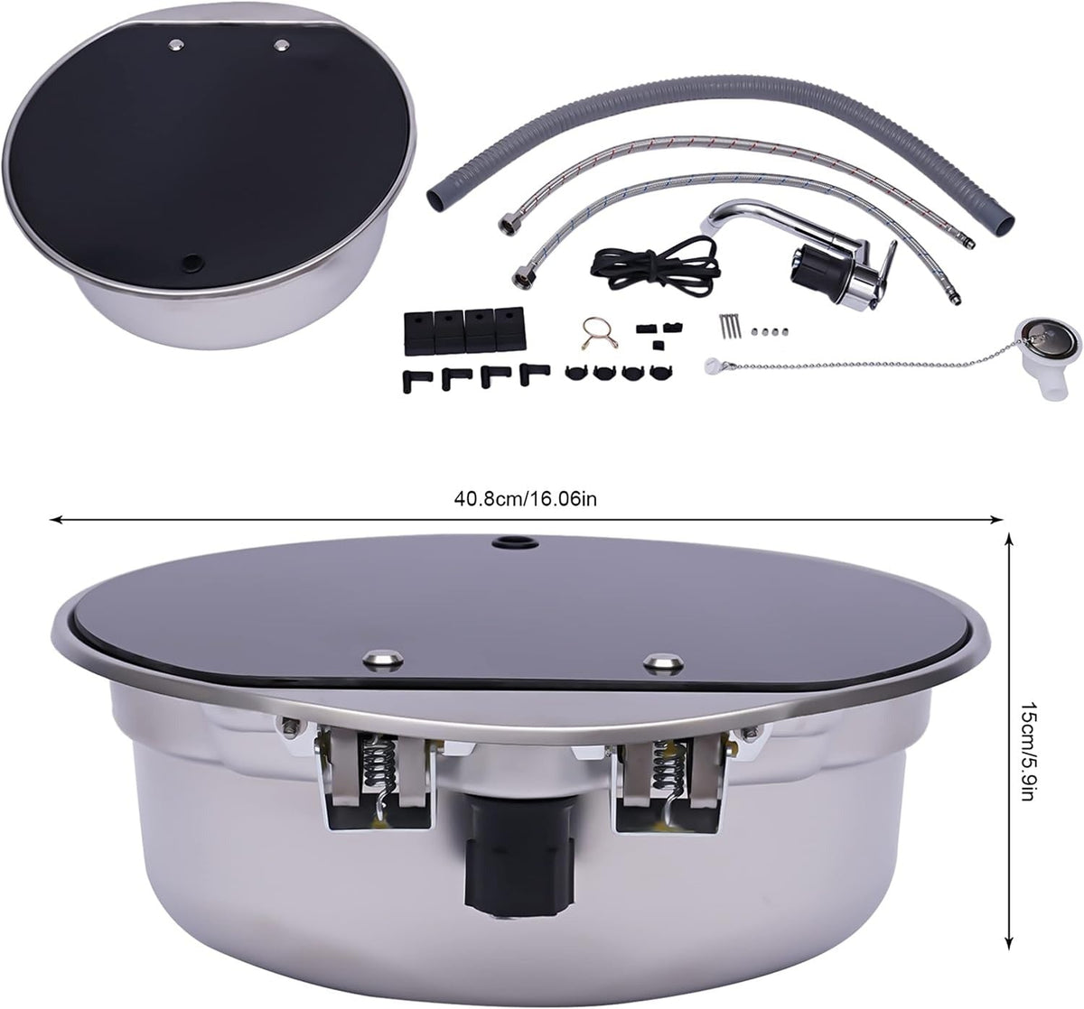 Round stainless steel sink Ø 42 cm, tap version: complete kit and dimensions