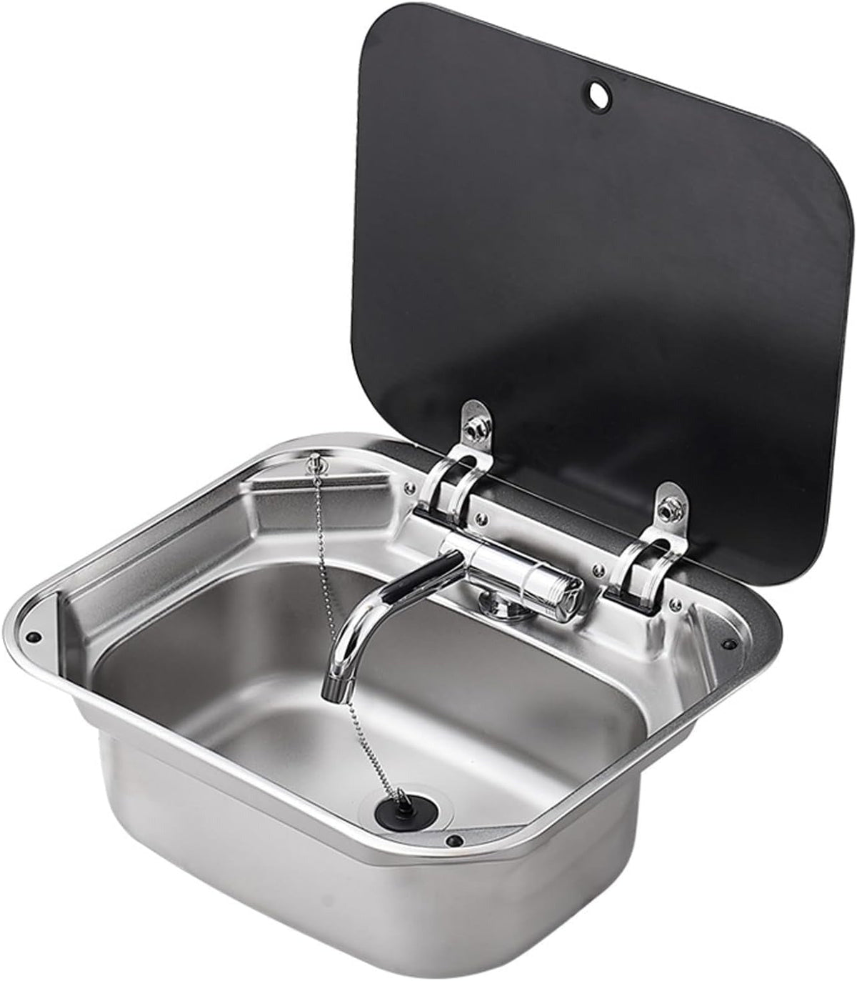 40 × 35 cm stainless steel sink with folding tap and tempered glass cover open