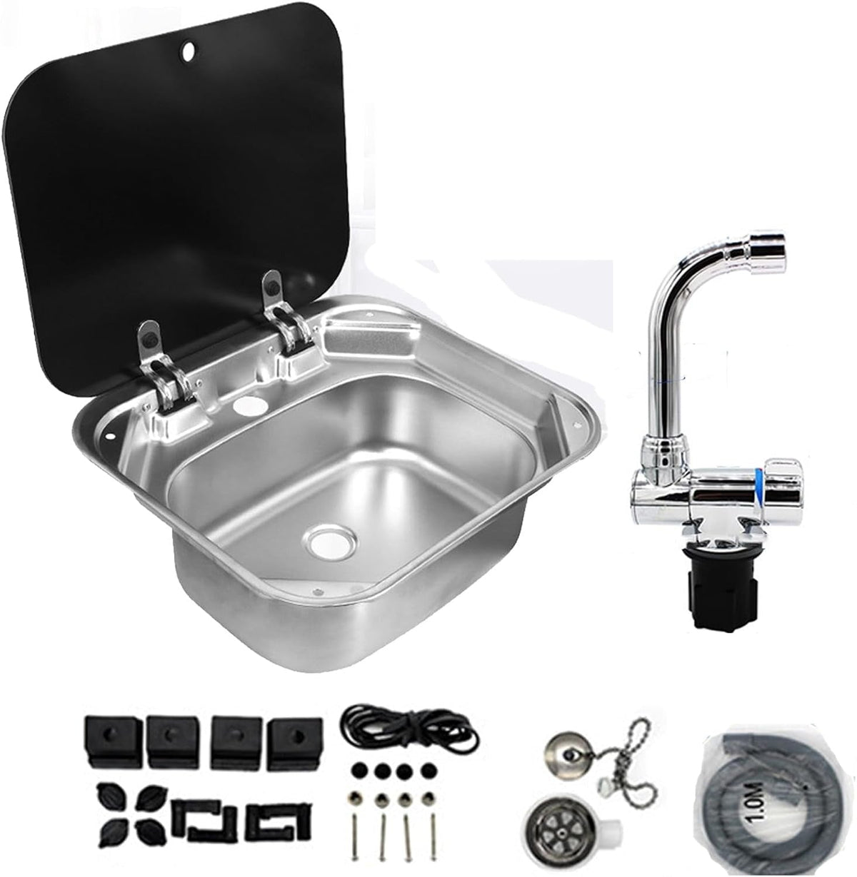 40 × 35 cm stainless steel sink with tap: complete kit with fittings and drain