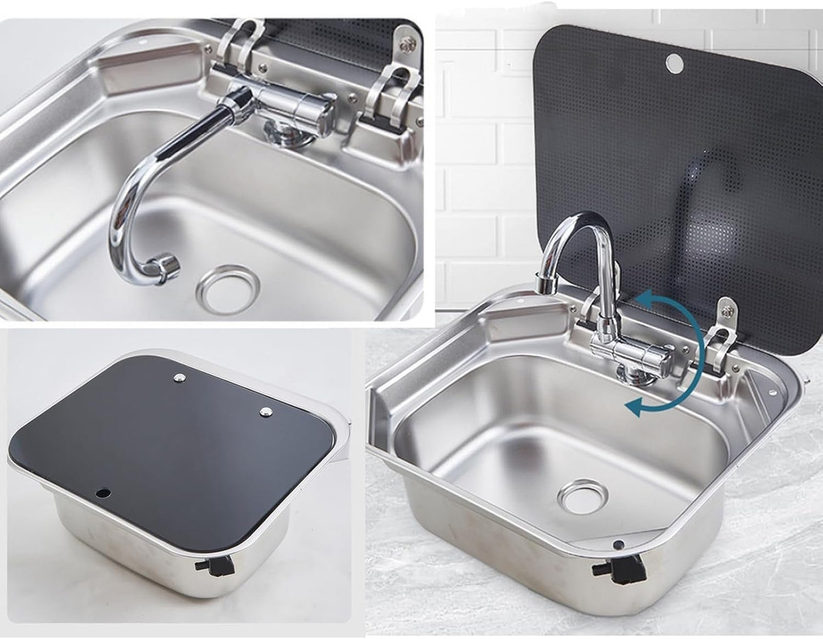 40 × 35 cm stainless steel sink: tap folded under the closed glass cover