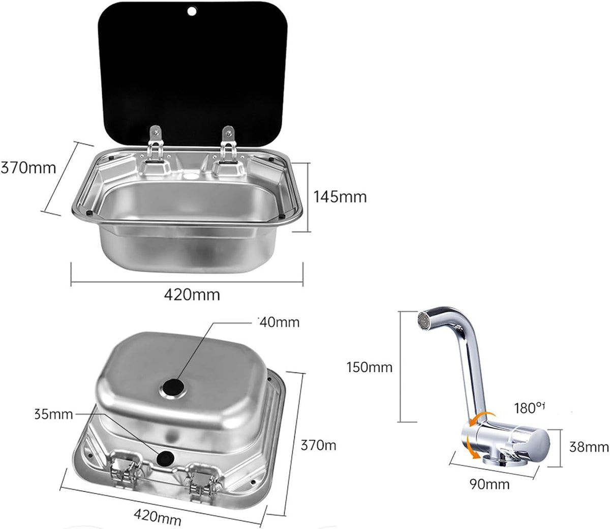 40 × 35 cm stainless steel sink, sink and tap dimensions