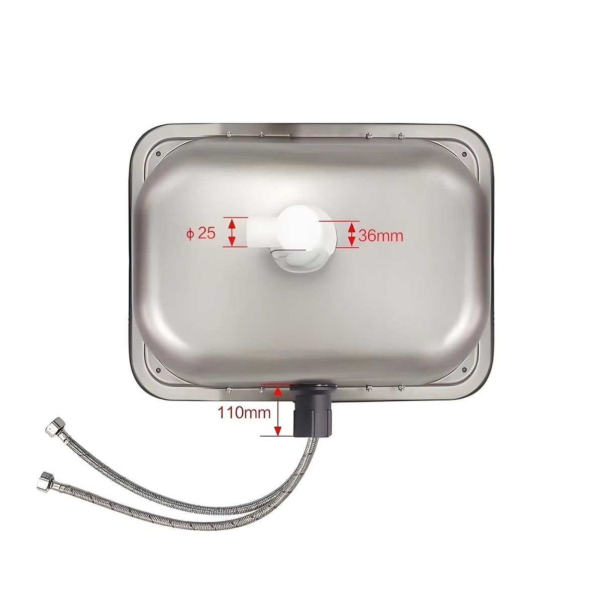 40 × 35 cm stainless steel sink, drain Ø 25 mm and flexible hoses underneath