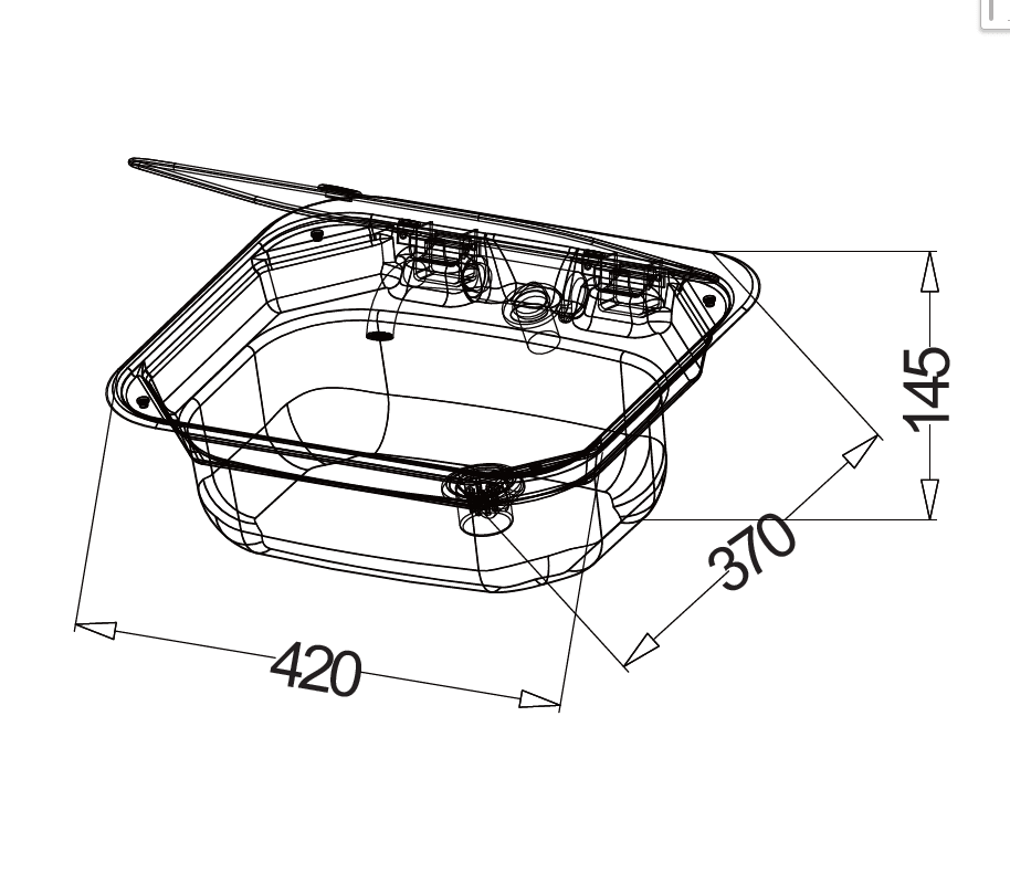 40 × 35 cm stainless steel sink, dimensions drawing: 420 × 370 mm, 145 mm deep