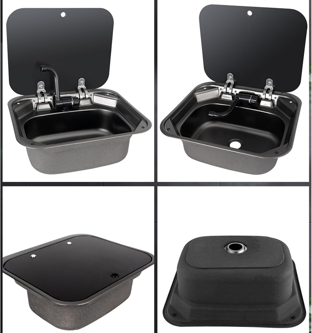 Black 40 × 35 cm stainless steel sink: views with the cover open and closed