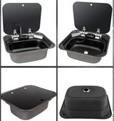 Black 40 × 35 cm stainless steel sink: views with the cover open and closed