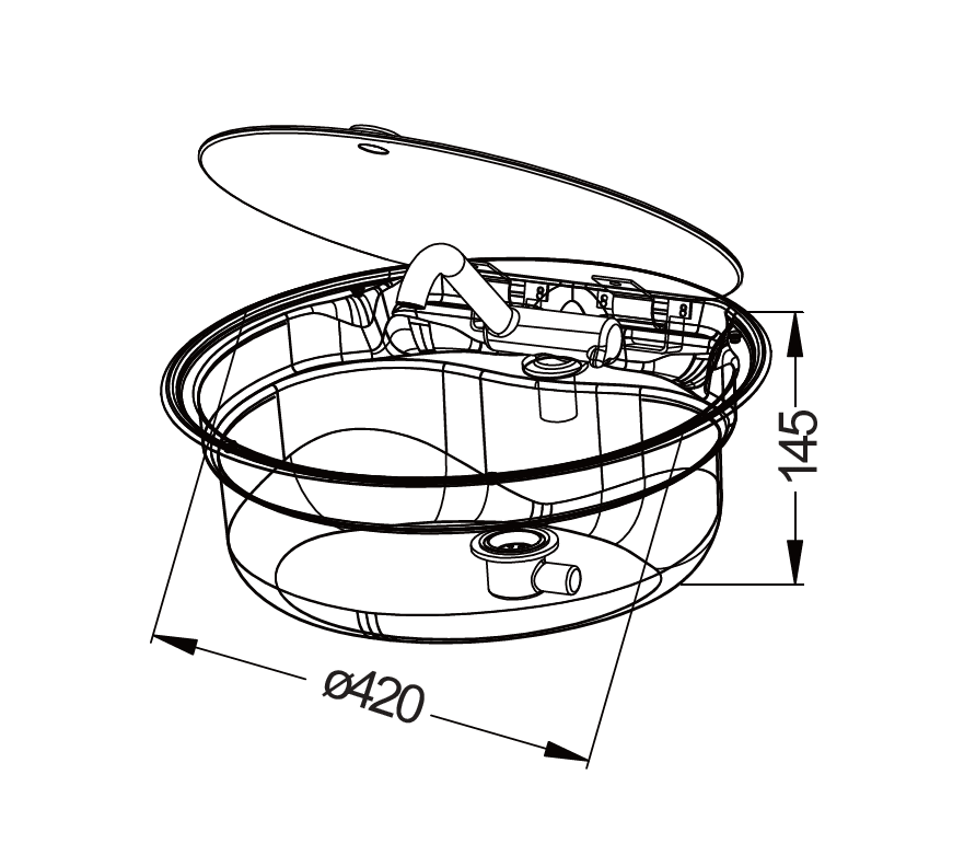 Round stainless steel sink Ø 42 cm, dimensions drawing: Ø 420 mm, 145 mm deep