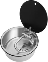 Round stainless steel sink Ø 30 cm with folding tap folded down, glass cover open