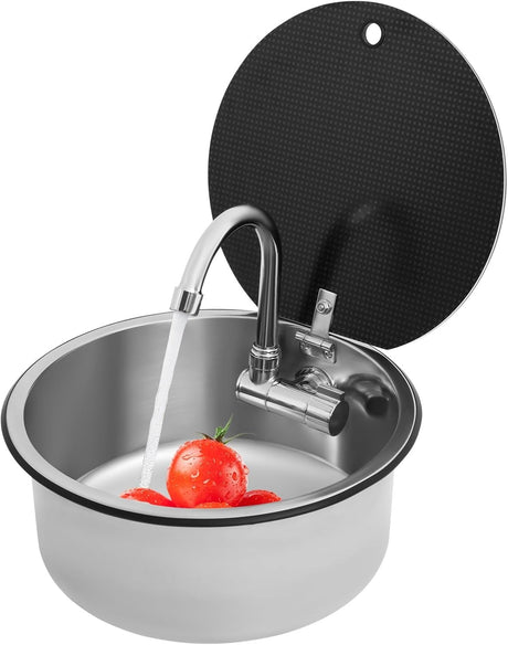 Round stainless steel sink Ø 30 cm with folding tap running water, glass cover open