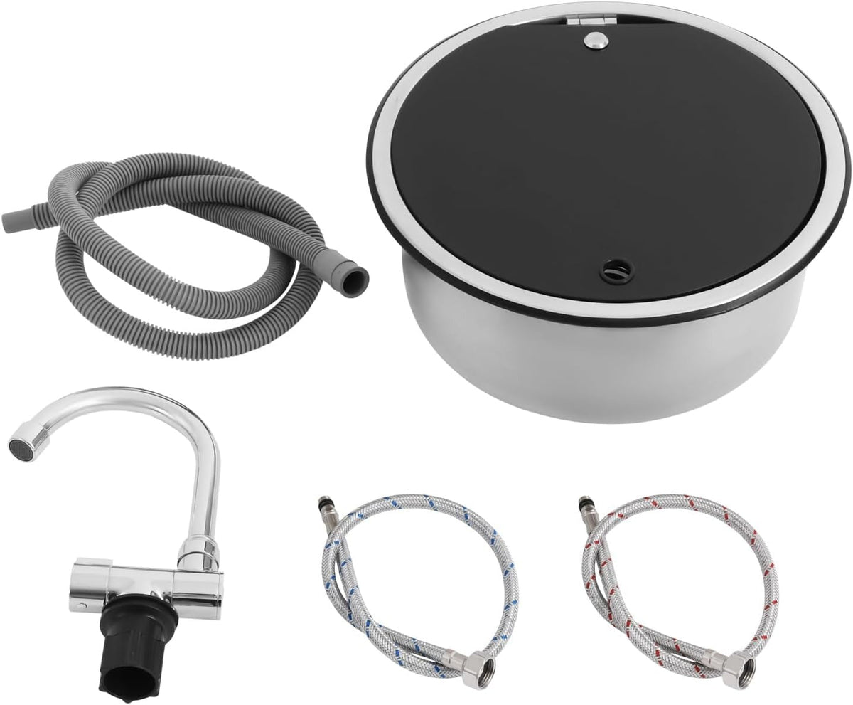 Round stainless steel sink Ø 30 cm: kit with drain hose, folding tap and flexible hoses