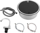 Round stainless steel sink Ø 30 cm: kit with drain hose, folding tap and flexible hoses