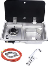 Sink and gas burner pack with folding tap and 12 V pump: sink unit, gas hose, water hoses and tap