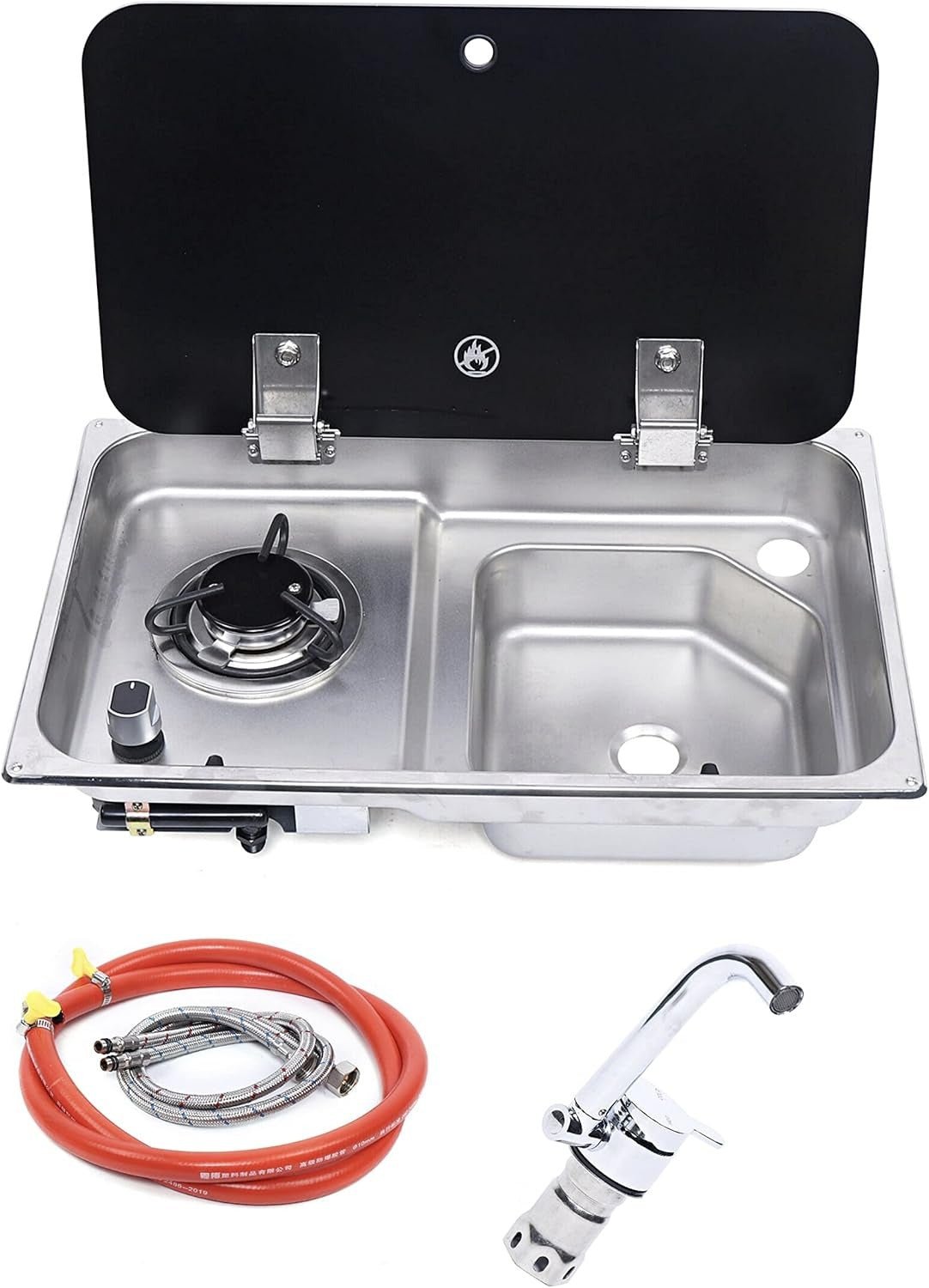 53 × 32 cm stainless steel sink and single gas burner unit with gas hose, water hoses and folding tap