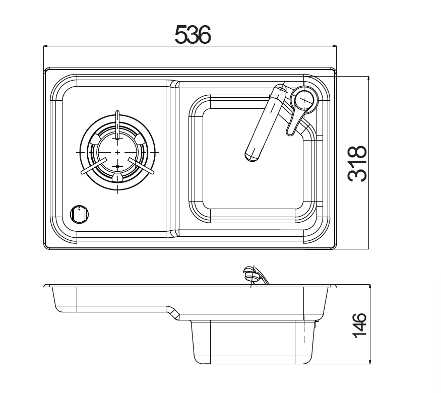 53 × 32 cm stainless steel sink and single gas burner unit, dimensions drawing: 536 × 318 mm, 146 mm deep