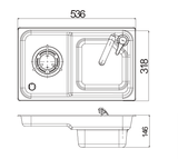53 × 32 cm stainless steel sink and single gas burner unit, dimensions drawing: 536 × 318 mm, 146 mm deep