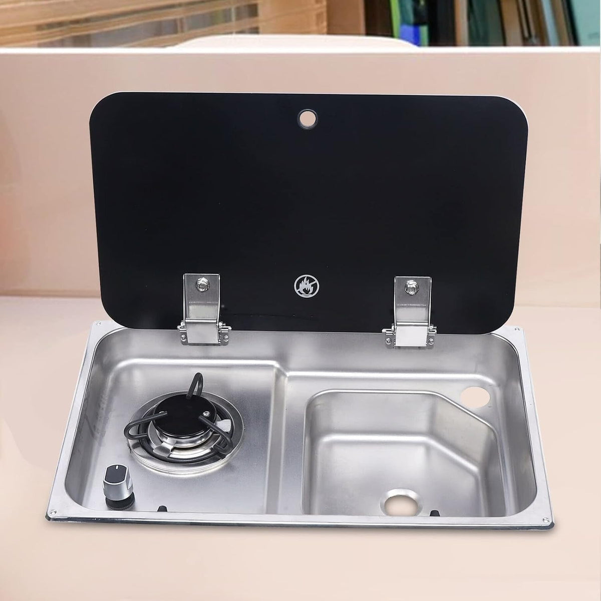 53 × 32 cm stainless steel sink and single gas burner unit, glass cover open