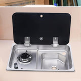 Sink and gas burner pack with folding tap and 12 V pump: sink unit with glass cover open