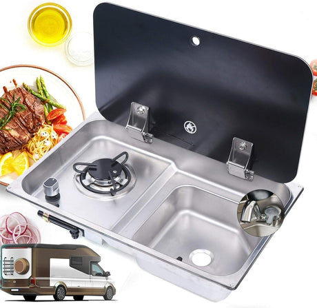 53 × 32 cm stainless steel sink and single gas burner unit in a campervan kitchen